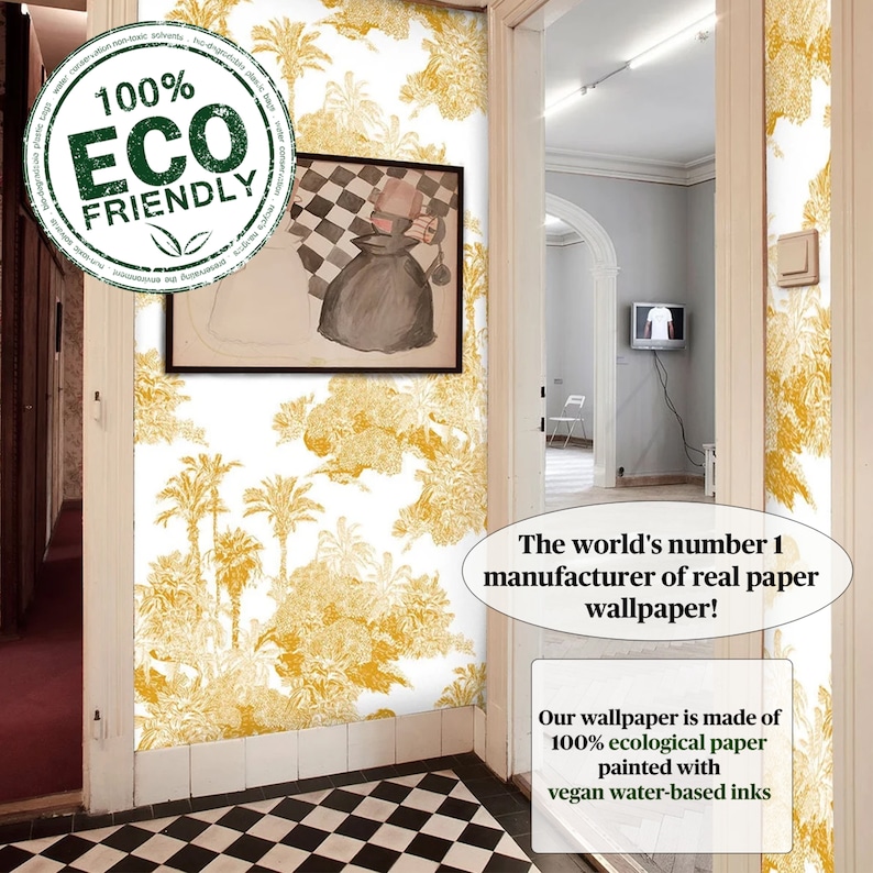 May include: A hallway with a white wall covered in a yellow and white palm tree wallpaper. The text "100% ECO FRIENDLY" is in a green circle on the wall. The world's number 1 manufacturer of real paper wallpaper! Our wallpaper is made of 100% ecological paper painted with vegan water-based inks.