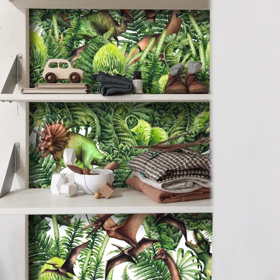 Watercolor Dinosaur Wallpaper for Kids Room, Green Jungle Dino Nursery Wall Decor, Prehistoric Animals Wallpaper