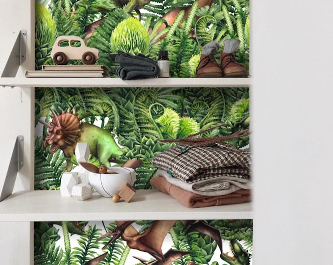 Watercolor Dinosaur Wallpaper for Kids Room, Green Jungle Dino Nursery Wall Decor, Prehistoric Animals Wallpaper