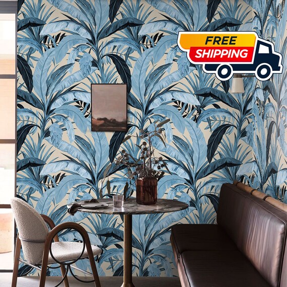 Aesthetic Light Blue Jungle Wallpaper, Banana Leaves Wall Decore for Cobalt Blue Decor