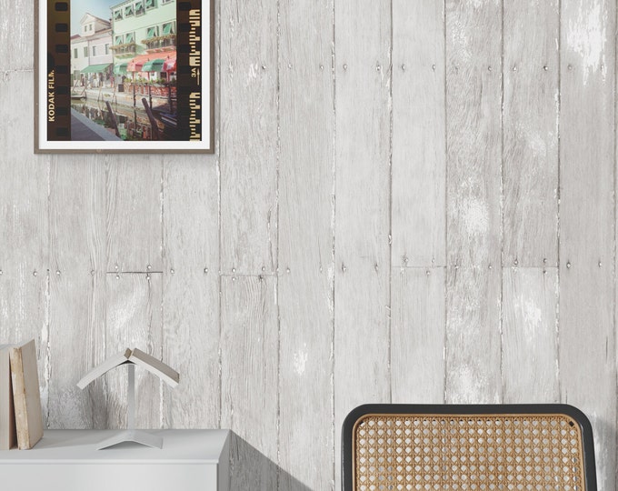 Aged Wood Grey and White Shiplap Wallpaper, Whitewashed Distressed Planks Wall Decor
