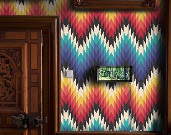 Chevron Wallpaper in Bright Colors - Geometric Tribal Ethnic Wall Art Home Decor Accent