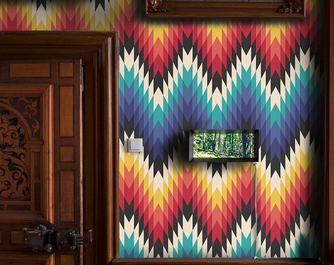 Chevron Wallpaper in Bright Colors - Geometric Tribal Ethnic Wall Art Home Decor Accent