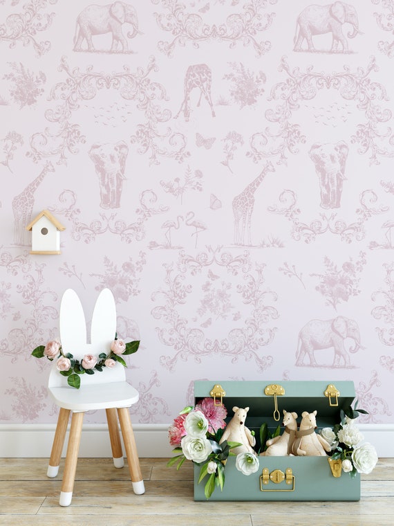 Pink Girls Room Wallpaper, Victorian Damask with Safari Animal for Cute Decor