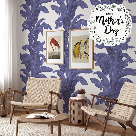 Blue Tropical Leaves Removable Wallpaper, Blue Palm Leaf Wall Mural, Vintage Exotic Plants Wall Art