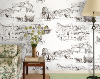 Western Wallpaper in Retro Comics Style, Desert Wall Decor with Vintage Cowboy and Horses