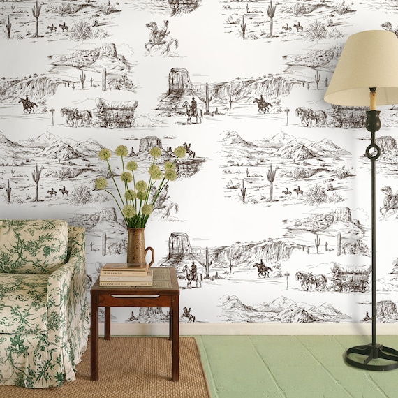 Western Wallpaper in Retro Comics Style, Desert Wall Decor with Vintage Cowboy and Horses