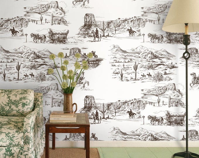 Western Wallpaper in Retro Comics Style, Desert Wall Decor with Vintage Cowboy and Horses
