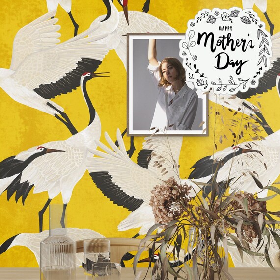Japanese White Heron Wallpaper - Graceful and Radiant Design on Golden Yellow Background, Golden Heron Japanese Print Wallpaper