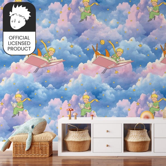 Official Little Prince Reading Sky Wallpaper - Dreamy Clouds Literary Pattern for Kids Room & Library Decor