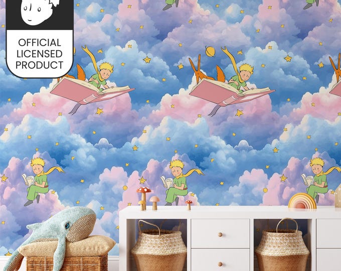 Official Little Prince Reading Sky Wallpaper - Dreamy Clouds Literary Pattern for Kids Room & Library Decor