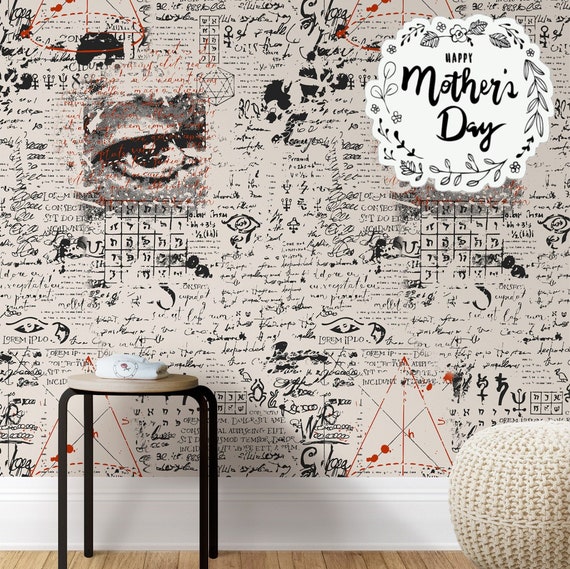 Mystical Pattern Eye Wallpaper, Fantasy Wall Decor with Hand Drawn Script for Macabre Art