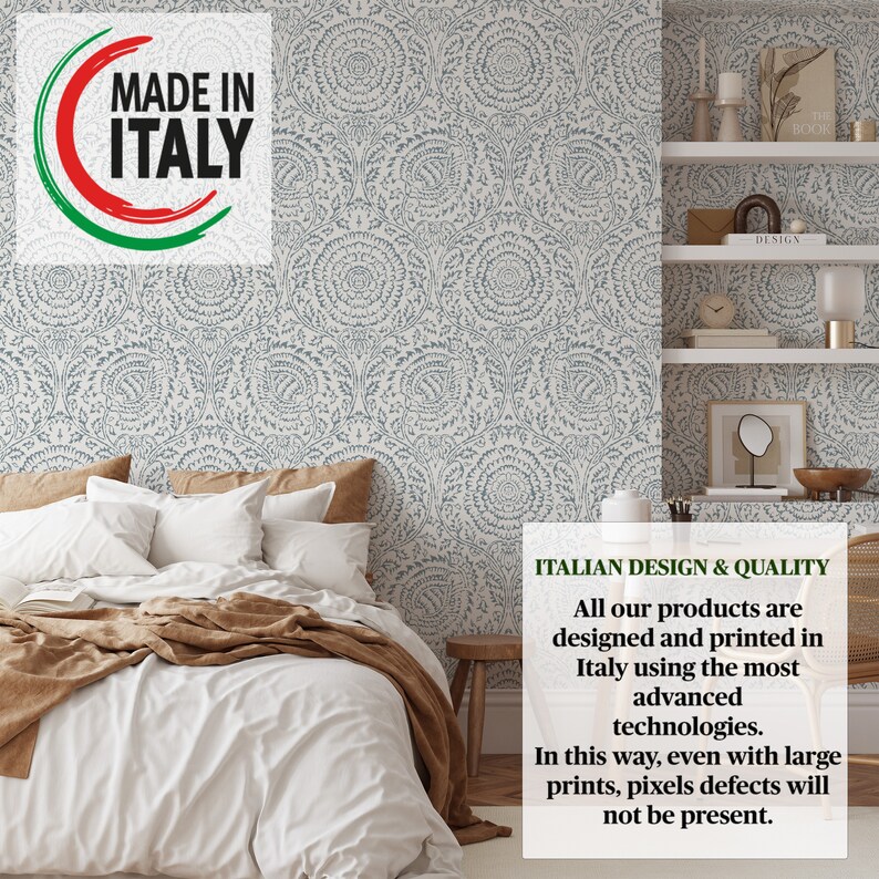 May include: A bedroom interior with a white bed with a brown blanket and white pillows. The wall behind the bed is covered in a blue and white patterned wallpaper. The text "MADE IN ITALY" is visible in the upper left corner of the image. The text "ITALIAN DESIGN & QUALITY" is visible in the lower right corner of the image. The text below reads "All our products are designed and printed in Italy using the most advanced technologies. In this way, even with large prints, pixels defects will not be present."