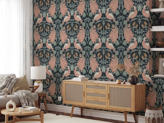 Victorian Wallpaper with Peacocks, Birds Wall Decor, Antique Wall Art Light Blue