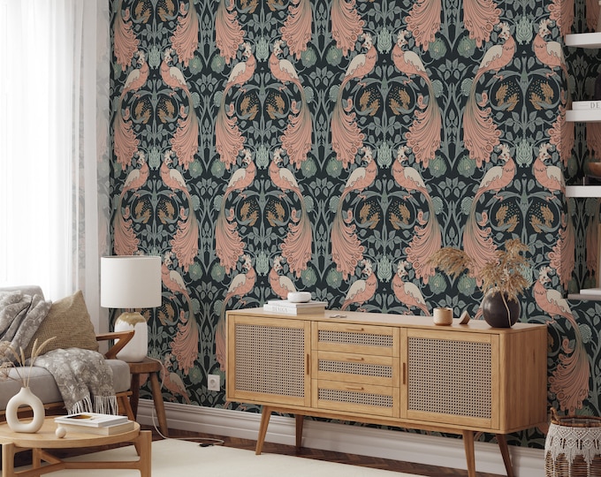 Victorian Wallpaper with Peacocks, Birds Wall Decor, Antique Wall Art Light Blue