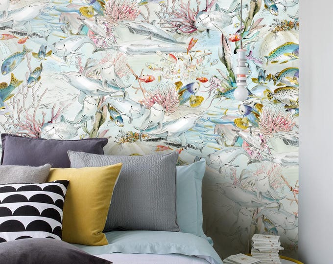 Fish Wallpaper Mural, Watercolor Coral Reef Ocean Life, Coastal Beach Bathroom Decor