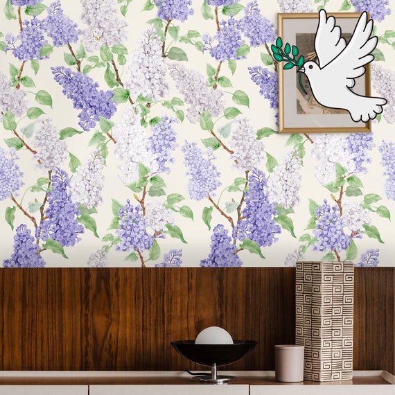 Beautiful Watercolor Wisteria Vine Hanging Wallpaper, Lilac Wall Decor