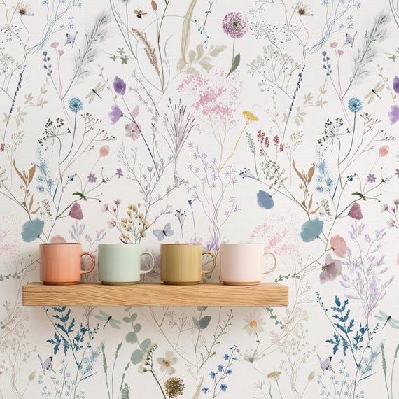 Wildflower Watercolor Wallpaper, Pressed Floral Meadow Botanical Decor, Soft Neutral Tones Cottagecore Wall Art