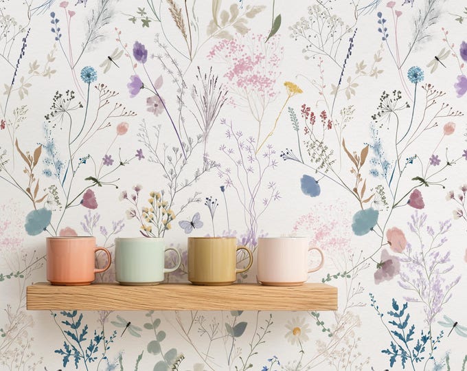 Wildflower Watercolor Wallpaper, Pressed Floral Meadow Botanical Decor, Soft Neutral Tones Cottagecore Wall Art