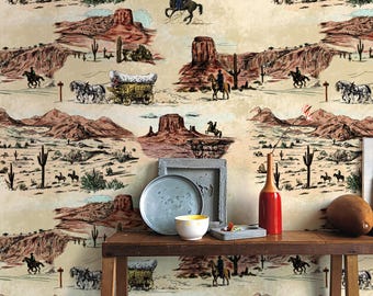 Western Wallpaper with Vintage Cowboy and Horses, Wild West Aesthetic Vintage Wallpaper, Desert Wall Decor,  Rustic Easy-Install Wallpaper