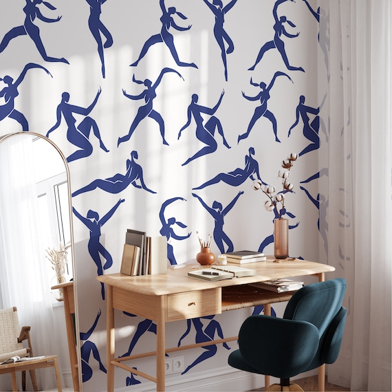 Blue Dancers Artistic Wallpaper, Modern Art Wall Decor