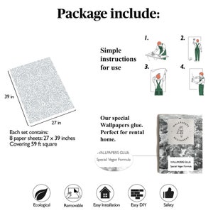 May include: A package of peel and stick wallpaper with a geometric pattern. The package includes 8 sheets of wallpaper, covering 59 square feet. The wallpaper is easy to install and remove, and it is perfect for rental homes. The package also includes instructions, glue, and a safety guide.