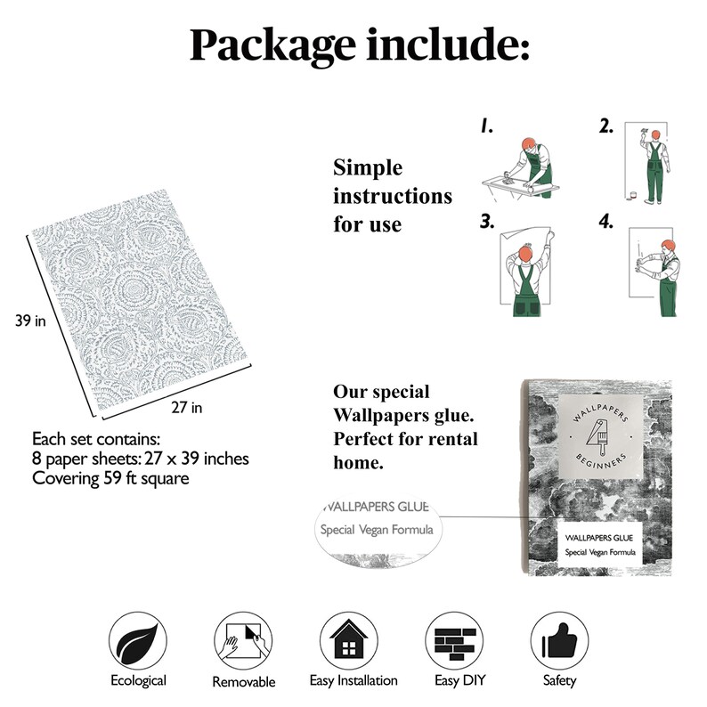 May include: A package of peel and stick wallpaper with a geometric pattern. The package includes 8 sheets of wallpaper, covering 59 square feet. The wallpaper is easy to install and remove, and it is perfect for rental homes. The package also includes instructions, glue, and a safety guide.