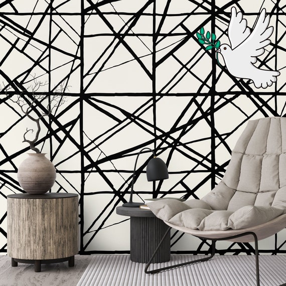 Abstract Lines Minimal Wallpaper, Geometric Icon Wall Mural, Geometric Stripes Modern Home Decor