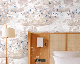 Blue Flying Swallows Wallpaper, Cloudy Sky Temporary Wall Art with Wild Birds Light Wall Decor