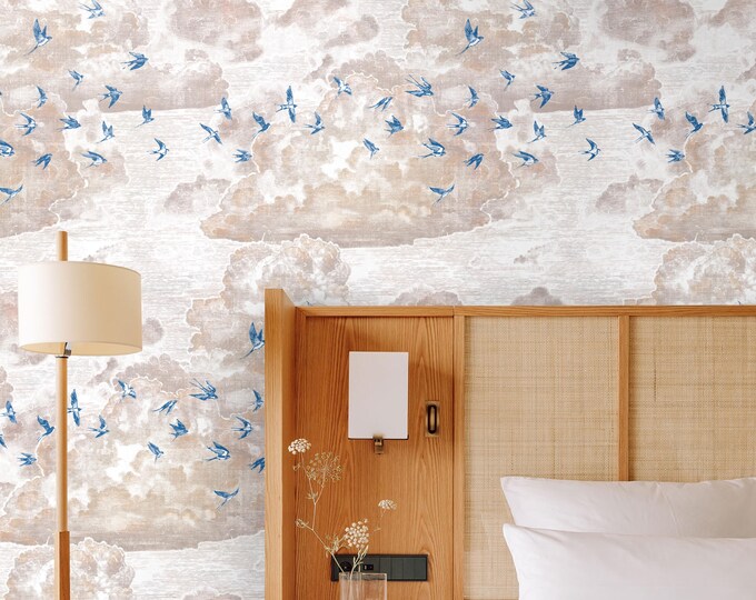 Blue Flying Swallows Wallpaper, Cloudy Sky Temporary Wall Art with Wild Birds Light Wall Decor