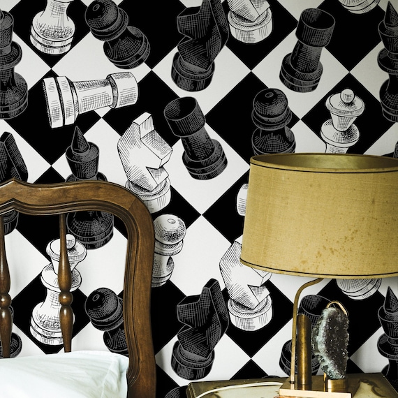 Chess Pieces Wall Mural, Black and White Antique Chessboard Wallpaper, Living Room Decor Vintage Game Room Art