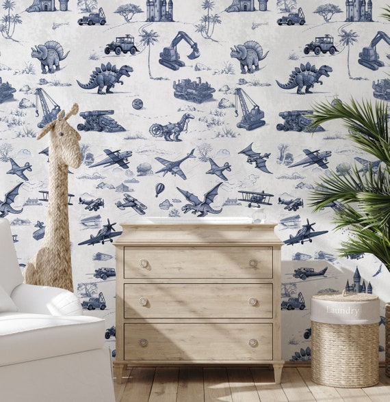 Retro Fantasy Indigo Blue Wallpaper for Kids Room: Dinosaurs, Aircraft and Steam Punk Air & Time Theme