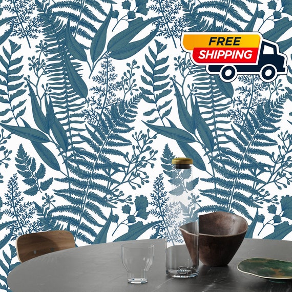 Botanical Print Fern Wallpaper, Blue and White Bohemian Home Decor for Kids Room