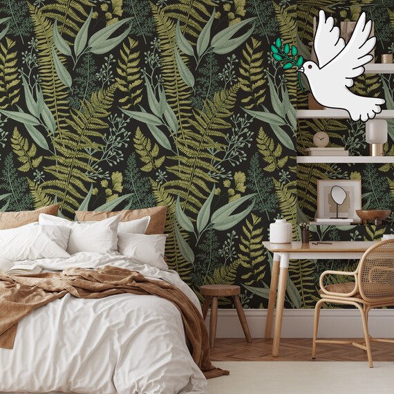 Botanical Fern Leaves on Black Wallpaper - Nature-Inspired Wall Decor for Your Home, Leaf Illustration Nature Wall Decor