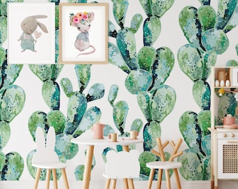 Watercolor Cactus Nursery Wallpaper, Green and white Cacti Wall Mural, Nature Greenery