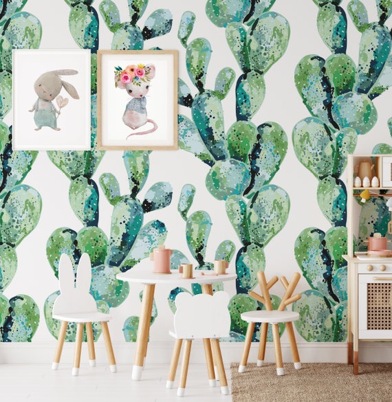 Watercolor Cactus Nursery Wallpaper, Green and white Cacti Wall Mural, Nature Greenery