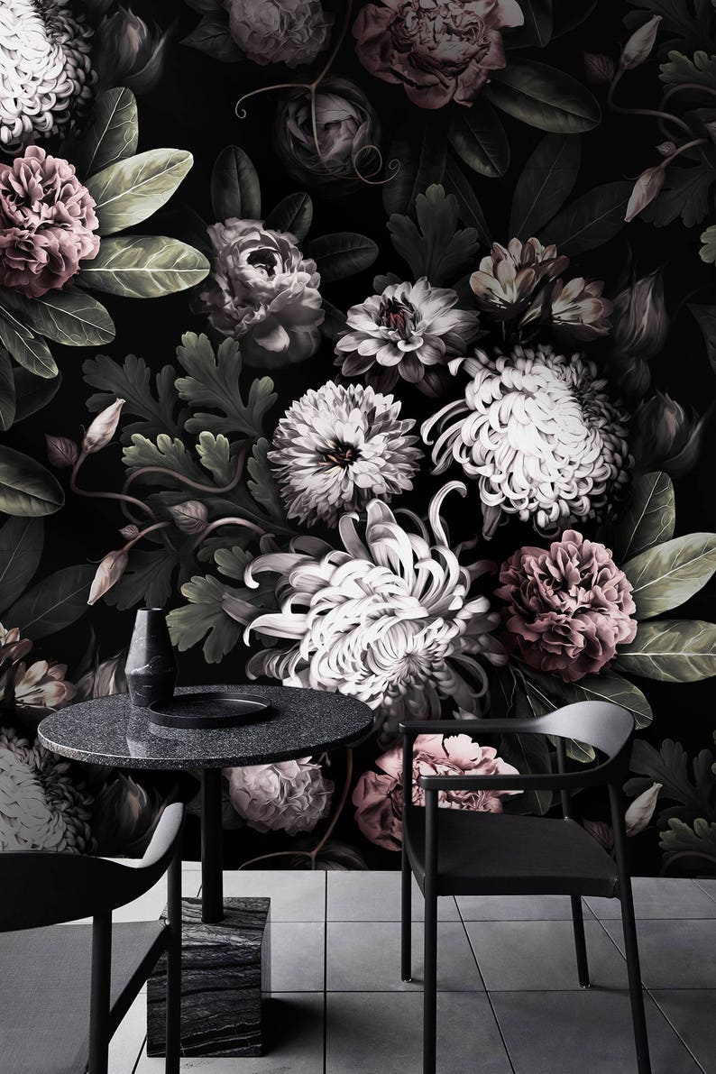 Dark Floral Wallpaper Floral Wallpaper Dark Flowers Peony Etsy