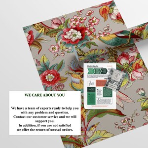 Puede incluir: Papel de regalo con estampado floral y dise&ntilde;o de p&aacute;jaro verde y amarillo. El papel est&aacute; enrollado y se puede ver el texto "We care about you". El texto debajo dice "We have a team of experts ready to help you with any problem and question. Contact our customer service and we will support you. In addition, if you are not satisfied we offer the return of unused orders."
