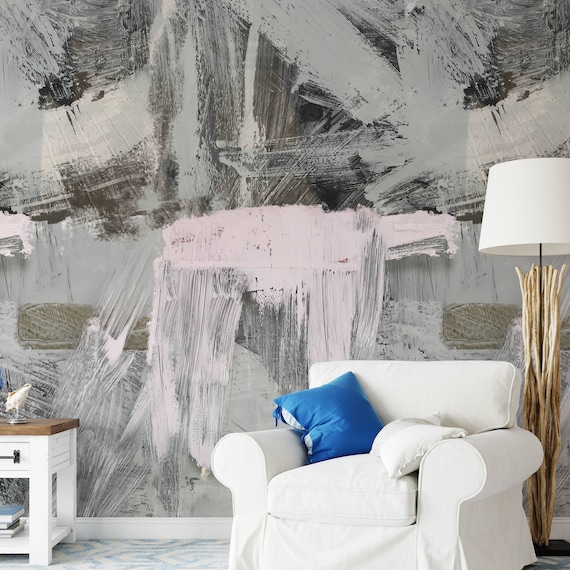 Extra Large Colorful Brushstroke Modern Wallpaper, Grey and Pink Abstract Painting Wall Decor,