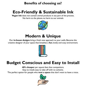 Pode incluir: Ilustra&ccedil;&atilde;o de tr&ecirc;s benef&iacute;cios de escolher uma marca espec&iacute;fica de revestimentos de parede. O primeiro benef&iacute;cio &eacute; a tinta ecol&oacute;gica e sustent&aacute;vel, ilustrada por um globo terrestre verde com uma seta apontando para cima. O segundo benef&iacute;cio &eacute; moderno e &uacute;nico, ilustrado por um tecido listrado colorido. O terceiro benef&iacute;cio &eacute; econ&ocirc;mico e f&aacute;cil de instalar, ilustrado por uma m&atilde;o segurando uma folha verde.