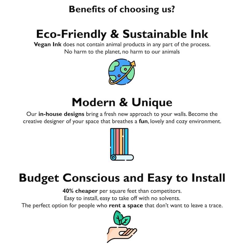 Pode incluir: Ilustra&ccedil;&atilde;o de tr&ecirc;s benef&iacute;cios de escolher uma marca espec&iacute;fica de revestimentos de parede. O primeiro benef&iacute;cio &eacute; a tinta ecol&oacute;gica e sustent&aacute;vel, ilustrada por um globo terrestre verde com uma seta apontando para cima. O segundo benef&iacute;cio &eacute; moderno e &uacute;nico, ilustrado por um tecido listrado colorido. O terceiro benef&iacute;cio &eacute; econ&ocirc;mico e f&aacute;cil de instalar, ilustrado por uma m&atilde;o segurando uma folha verde.