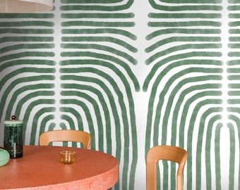 Green and White Boho Wallpaper, Minimal Abstract Artistic Wall Decor