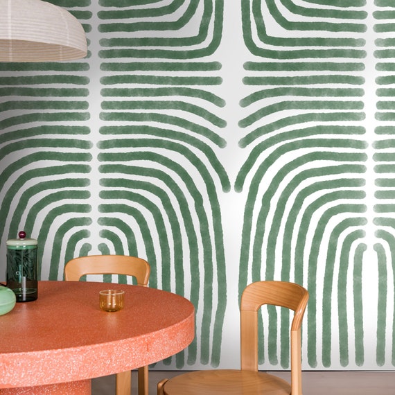 Green and White Boho Wallpaper, Minimal Abstract Artistic Wall Decor