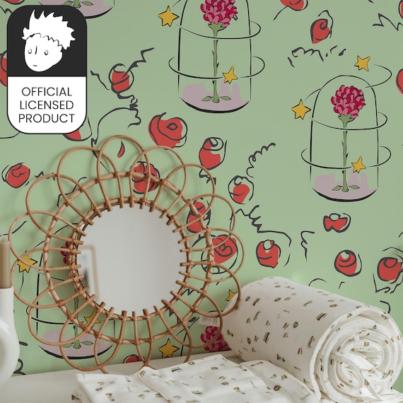 Official Little Prince Rose Protection Freedom Wallpaper - Green Philosophy Pattern for Kids Room & Nursery Decor