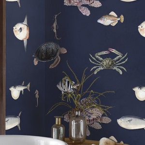 Dark Fish Wallpaper for Feature Wall, Whimsical Design Temporary Wall art, Cobalt Blue Decor