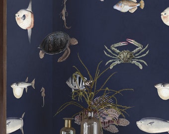 Dark Fish Wallpaper for Feature Wall, Whimsical Design Temporary Wall art, Cobalt Blue Decor
