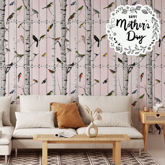 Extra Large Birds Wallpaper, Birch Tree and Bird Wall Decor