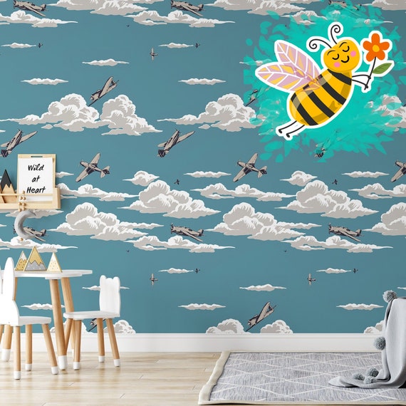 Vintage Airplanes Nursery Wallpaper, Airplane Flying Playroom Wall Decor, Kids Mural with clouds, Boy Room Wall Art