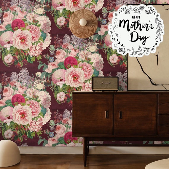 Dark Floral Wallpaper for Peony Wall Decor, Large Flowers Wall Decore with Pink Roses