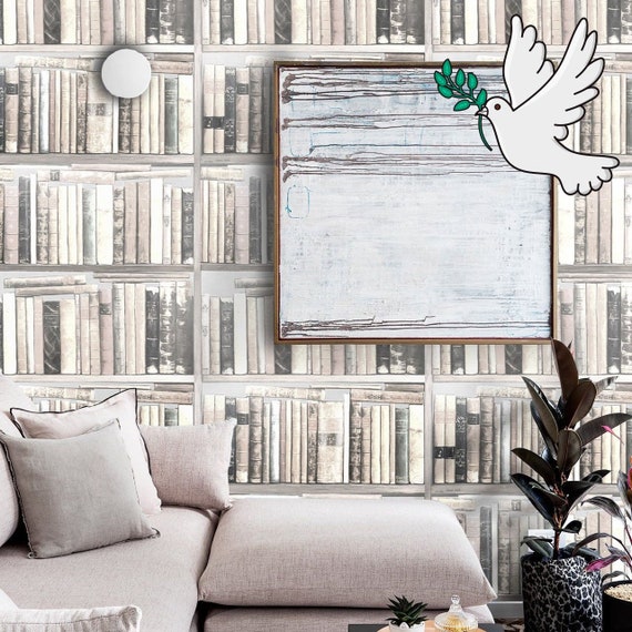 Vintage Bookshelf Wallpaper in Shades of White, Old Book Collection Wallpaper in Monochrome, White-Toned Library Wallpaper with Antique Book